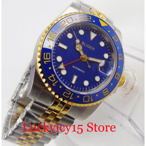 Blue BLIGER Automatic Wristwatch Men GMT Hand Jubilee Band Sapphire Glass Date Window
