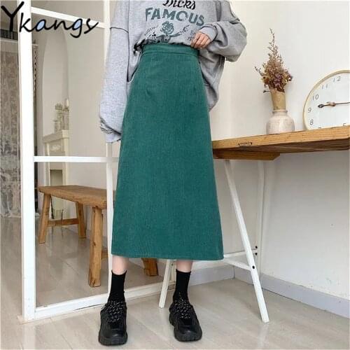 Vintage Green Corduroy A-Line Skirt WomenS High Waist Straight Skirt With Slit 2021 New Autumn Korean Ladies Girls Long Skirt
