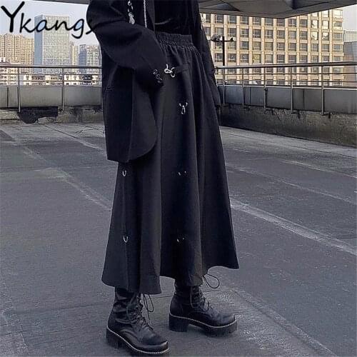 Loose Hip-Hop Punk Elastic High Waist Cargo Skirt Women Korean Ulzzang Casual Gothic Long Dark Skirt 2021 Streetwear Black Saia