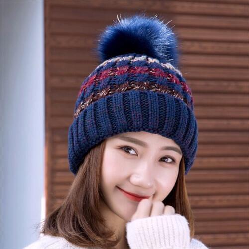 New Korean version of the autumn and winter hats ladies curling color matching wool cap wool ball warm wool knit hat
