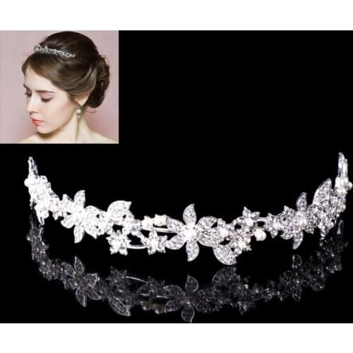 Women Bridal Wedding Flower Tiara Crown Faux Pearl Rhinestone Hair Band Headband Prom
