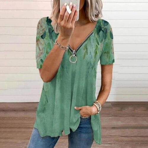 Women Loose T-shirt 2021 Summer Casual Zipper V Neck Short Sleeve Flower Print Blouse Wide Hem Daily Wear