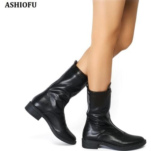 ASHIOFU Handmade Ladies Thick-sole Martin Boots Front-zipper Party Prom Flat Boots Large Size Evening Fashion Ankle Boots Shoes