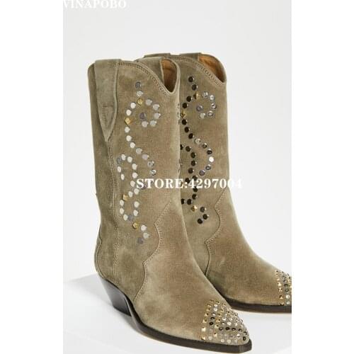 Knight long boots Pointed toe knee high boots women real suede crystal rivets decor chunky high heel shoes 2020 runway botas