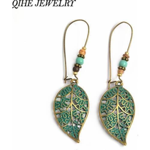 QIHE JEWELRY Ethnic Vintage Leaf Rustic Drop Dangle Earrings Antique Bronze Plated Jewelry Women Fashion Jewelry pendiente