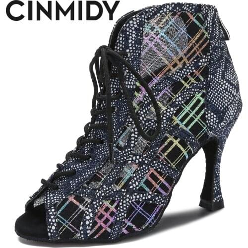 CINMIDY Woman Dance Boots Latin Rumba Samba Ballroom Dance Shoe Ladies Breathable Mesh High Heel Fashion High Boots Shoes