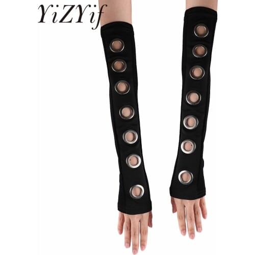 2021 Punk Goth Lady Dance Costume Fingerless Gloves Long Elbow Gloves Motorcycle Protection Hollow Metal O-ring Sleeves Clubwear