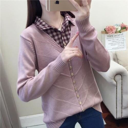 Spring Autumn New Sweater Women Stitching Shirt Collar Fake Two Pieces Of T-shirt Womens Korean Loose Sweater Versatile Pullover