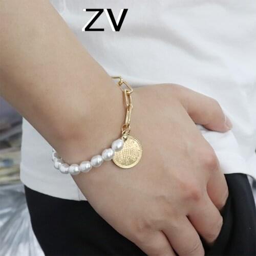 ZV Punk Gold Mix Link Chain Bracelet Pearl Beaded Chain Gift For Women 2020 Bohemian Jewelry Charm Statement Virgin Mary Coin