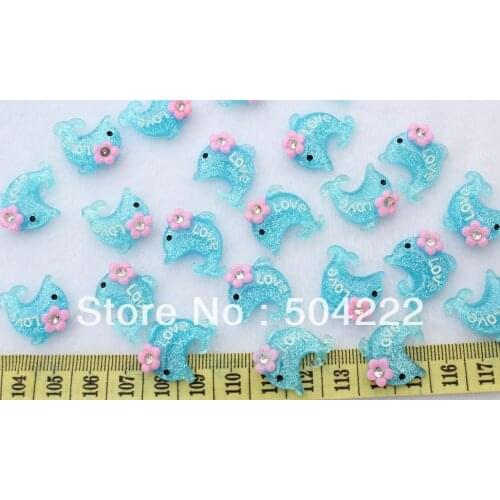 200 pcs blue Glitter Bling Resin kawaii Love Dolphin w/rhinestone flatback decoden cabochons 20x18mm free shipping sz0298