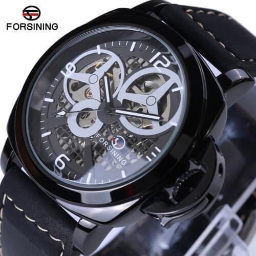Forsining Automatic Mechanical Watch Mens Watches Top Brand Luxury Black Leather Skeleton Watchbands Fashion Relogio Masculino