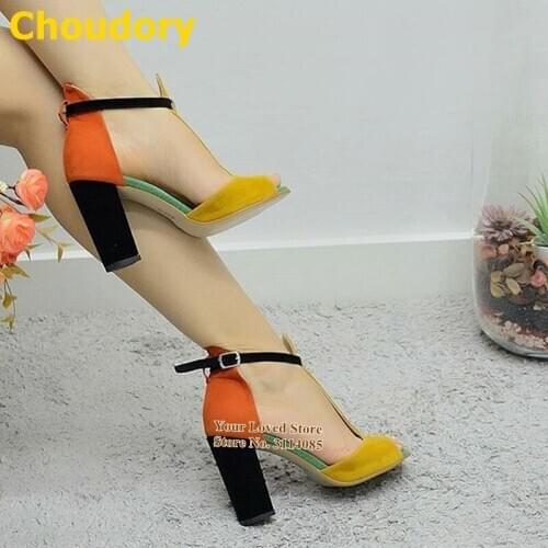 Choudory Orange Suede Chunky Heels Sandals Color Patchwork T-strap Dress Pumps Open Toe Buckle Strap Wedding Shoes Size47