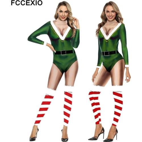 FCCEXIO 6 Style New Year Party Christmas 3D Print Women Jumpsuit Carnival Fancy Cosplay Costume Bodysuit Adults Outfits Xmas