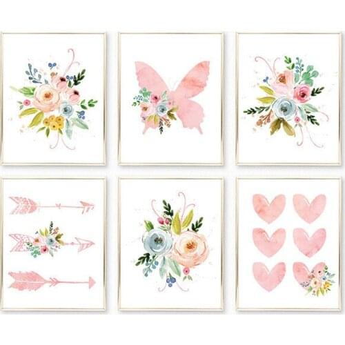 Watercolor Flower Canvas Painting Nursery Art Decor Girl Pink Heart Nursery Poster For Baby Room Kids Bedroom Decorative Picture