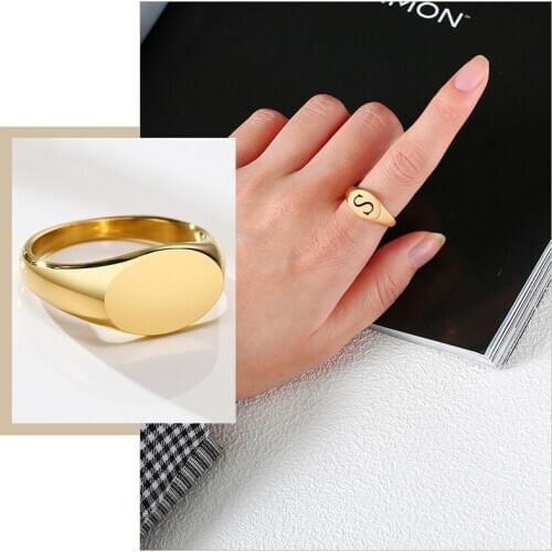 Customize Engrave Signet Rings for Women,9mm Initial Gold Tone Stainless Steel Stamp Ring,Minimalist Metal Name Gifts Jewelry
