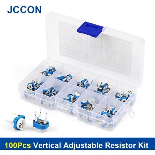 100Pcs RM065 Vertical Adjustable Resistor Kit 1K 2K 5K 10K 20K 50K 100K 200K 500K 1M ohm Trimpot Ariable Resistor 6mm Assortment