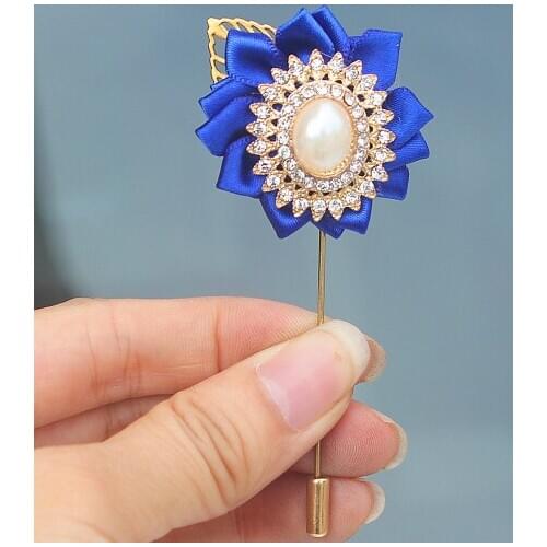 Royal Blue Satin Flowers Wedding Men Suit Corsage Golden Alloy Jewelry Brooch Wedding Party Pin Brooches Decor XH1809