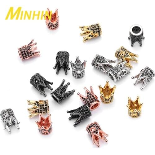 MINHIN CZ Crown Beads DIY Copper Metal Micro Pave Cubic Zirconia Crown Spacer Beads for Beaded Men Bracelet