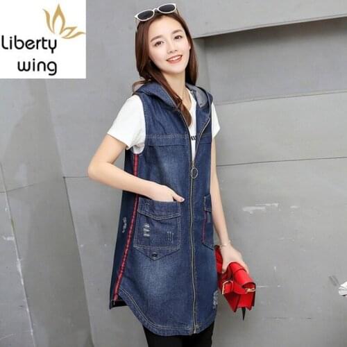 Fashion Long Style Hooded Female Jacket Zipper Torn Ripped Jeans Sleeveless Vest Casual Coat Large Size 3XL Waistcoat For Women