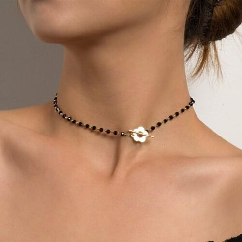 Fashion Luxury Black Crystal Glass Bead Chain Choker Necklace for Women Flower Lariat Lock Collar Necklace Jewelry Party Charm