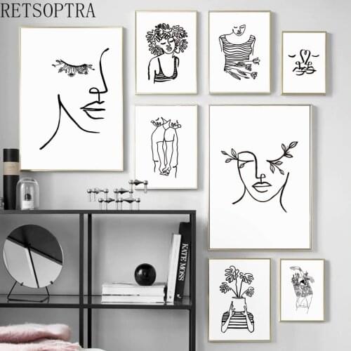 Wall Art Canvas Print Line Drawing Couple Kiss Plant Abstract Poster Simple Painting Decorative Picture Modern Living Room Decor