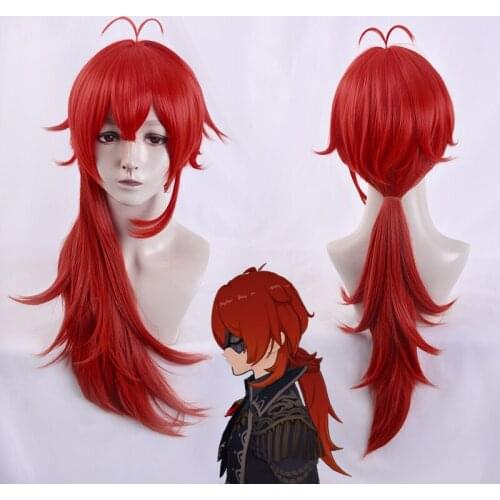 Game Genshin Impact Diluc Cosplay Wigs Red Long Styled Heat Resistant Synthetic Hair Wigs + Wig Cap