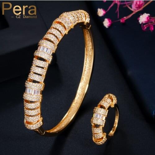 Pera Unique Design African Gold Open Cuff Round Big Bangle Bracelet Ring Sets for Wedding Party Brides with Cubic Zirconia Z057