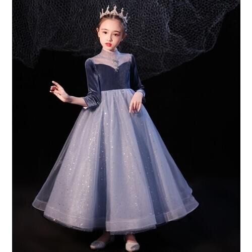 Flower Girl Dresses Illusion Princess Lace Sequined Ball Gown Crystal Full Luxury Blue Floor-Length Tulle Kids Party Dress H012
