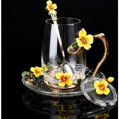 New Enamel Glass Cup Mug for Coffee Flower Tea Glass Cups with spoon Home Drinkware Perfect Wedding Gift for Summer Tea Mug Set
