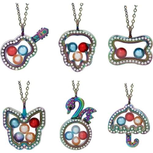 Multicolor Magnetic Floating Charms Glass Pendant Bead Pearl Cage Locket Living Memory Photo Stainless Chain Necklace Jewelry