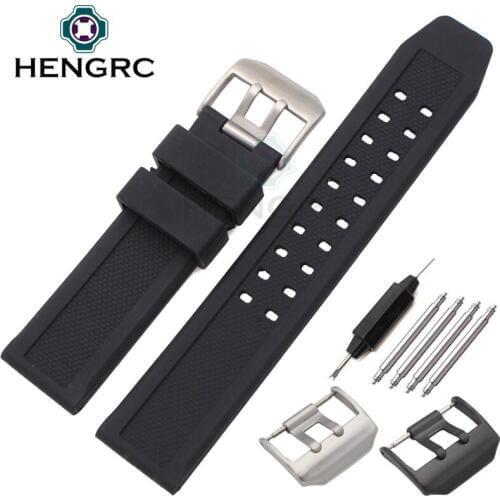 HENGRC 23mm Silicone Watch Strap Men Black Sport Diving Rubber Watchbands Stainless Steel Black Buckle Accessories