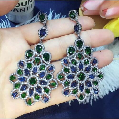Luxury New vintage Cubic zircon blue/green mixed color Flower big dangle Earrings Vintage brincos Black oorbellen party jewelry