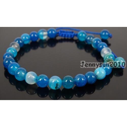 Handmade 6mm Adjustable Natural Blue Stripe Ag-ate Gems Stone Round Beads Bracelet Healing Reiki 5 Strands/Pack