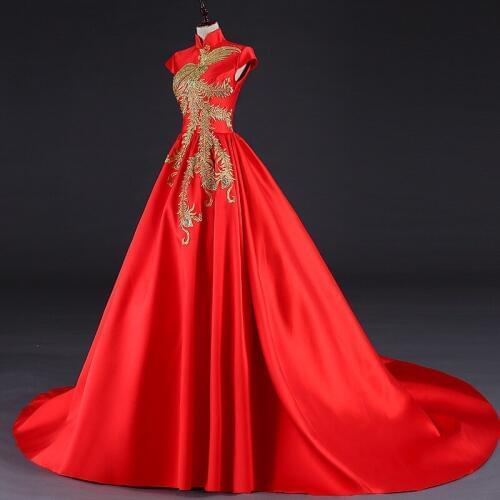 Sexy Slim Evening Dress Stage Dance Dressing Phoenix Embroidery Chinese Style Long Trailing Cheongsam Vestidos Size S-XXL