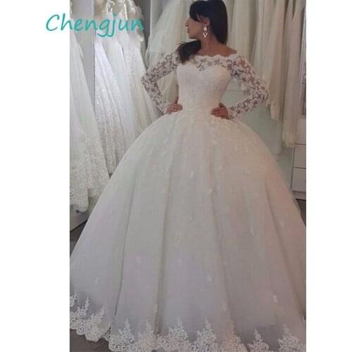 Chengjun Boat Neck Long Sleeve vestidos de novia 2019 Tulle Lace Applique Plus Size Wedding Dress