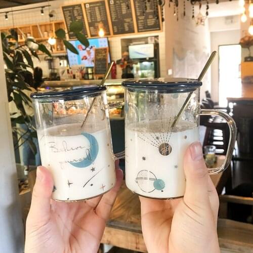 Heat Resistant Glass Water Cup Very Beautiful Milk Breakfast Cup Household Flower Tea Cups Coffee Cups Stars Earth Moon Pattern