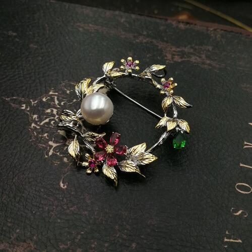 Vanssey Fashion Jewellry Ethnic Flower Leaf Round Natural Pearl Cubic Zirconia Brooch Pin Wedding Accessories for Women 2018 New