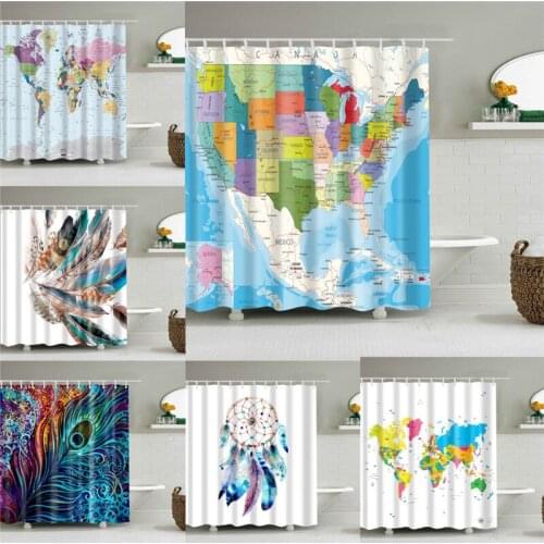 World Map Feathers Print Shower Curtain Waterproof For Home Bathroom Decor Bath Curtains 3D Shower Bath Screen with Hooks