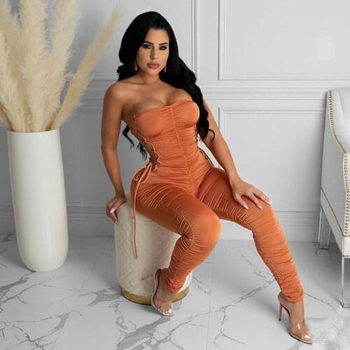 Women Clothing 2020 Solid Color Pleated Open Back Lace Up Off Shoulder Combination Ladys Sexy Orange Jumpsuit Club Womens Wear