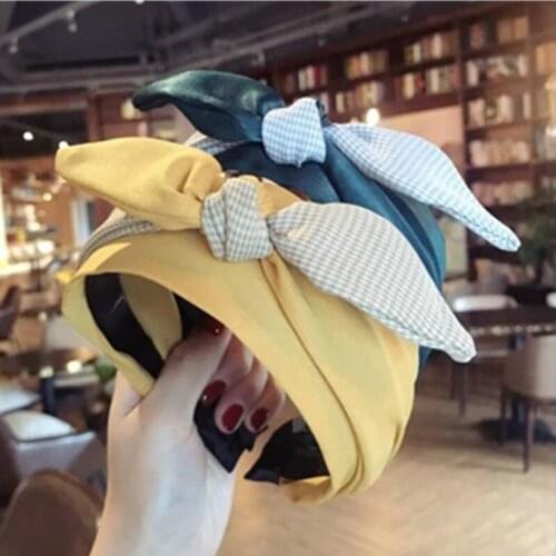 Plaids Ear Knot Hairband Wide for Women Fashion Headwear Face Wash Head Band Ladies Elegant Bowknot Headband Toothed Not Slip