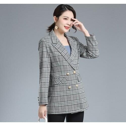 New Autumn Women Plaid Blazers Elegant Jackets Ladies Work Wear Double Breasted Blazer Female Outerwear Causal Suits Coat