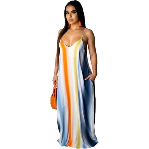 Summer Large Size V Neck Spaghetti Strap Long Dress Women Casual Loose Stripe Print Maxi Dress Bohemian Sleeveless Party Dress