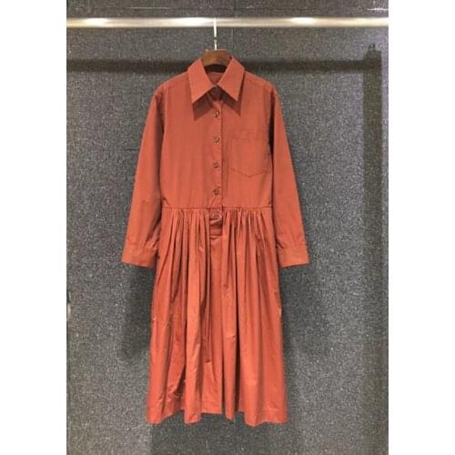 100%Cotton Dress 2021 Autumn Style Women Turn-down Collar Chest Pocket Patchwork Long Sleeve Khaki Wine Red Long Shirt Dress