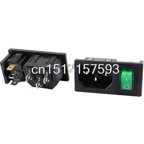 2 Pcs Green Lamp Panel Mount Rocker Switch IEC320 C14 Power Socket AC 10A 250V
