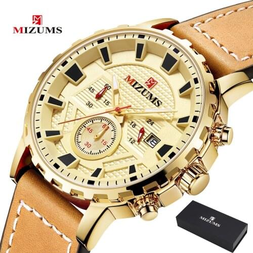 2021 Mizums New Fashion Gold Mens Watches Top Brand Luxury Quartz Watch For Men Leather Waterproof Sport Chronograph Watch Reloj