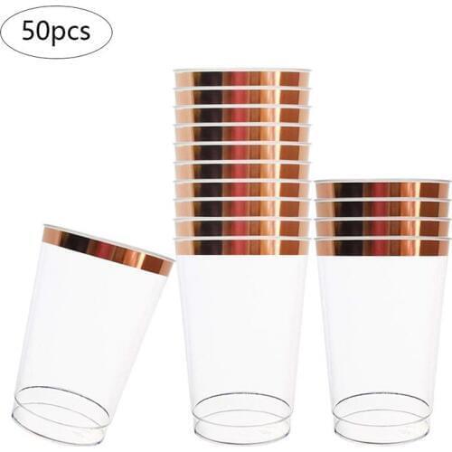 50pcs 12oz Disposable Transparent Hot Stamping Rose Gold Cup Home Party Beverage Juice Red Wine Plastic Cup Party Supplies