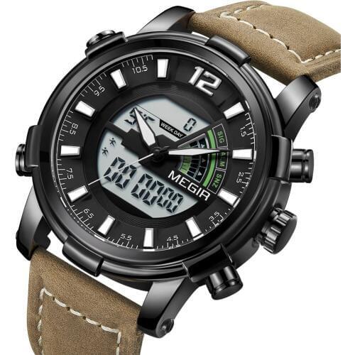 New MEGIR Mens Watches To Luxury Brand Men Leather Sports Mens Watch Quartz LED Digital Clock Waterproof Military Wrist Watch