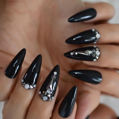 Black Pre-designed Press On Nails Dark Stones Pointed Strass Long Stiletto Acrylic Artificial Nail Tips Rhinestone Nails
