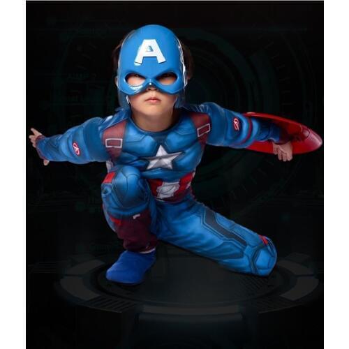 Children Classic Halloween Party Cosplay Costume With Sheild Captain American Boys Kid 3D Muscles Jumpsuit