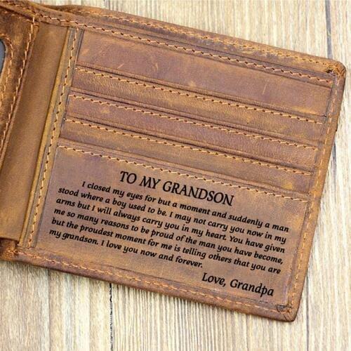 To my grandson Slim Mens Leather RFID Blocking Minimalist Card Front Pocket Bifold From Grandpa in Gift Box